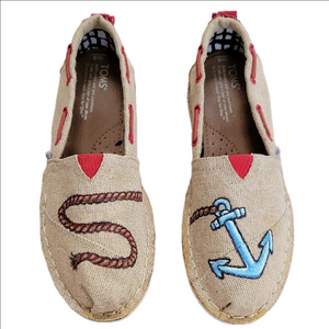 TOMS BIMINI Stitchouts Hand Painted Nautical Burlap Boat Shoes Size 8 NWOT
